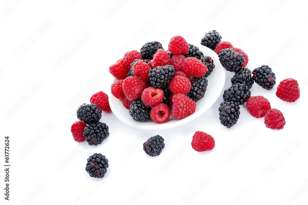 Fresh Raspberries and Blackberries on White Fresh Raspberries and Blackberries on White