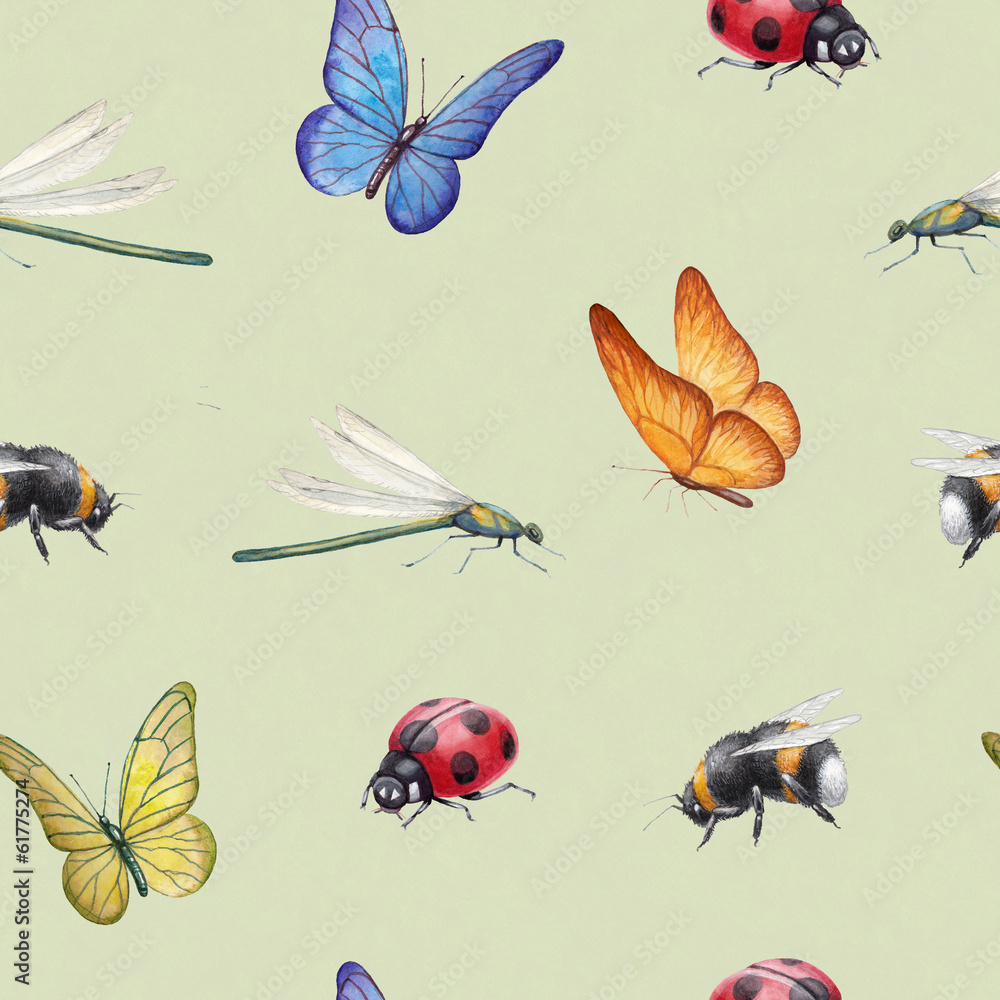 Seamless pattern with watercolor insects illustrations