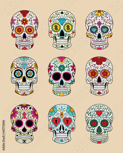 vector illustration set of skulls in mexican tradition