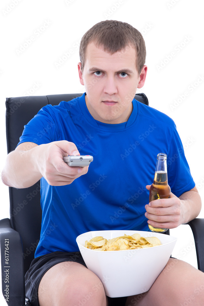 young man watching tv with chips and bottle of beer isolated on young man watching tv with chips and bottle of beer isolated on