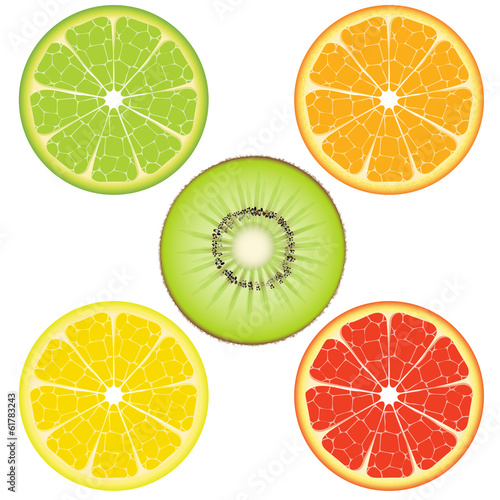Orange Lime Lemon Grapefruit Kiwifruit isolated on white