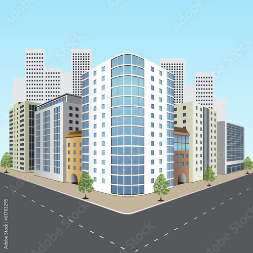 street of the city with office buildings