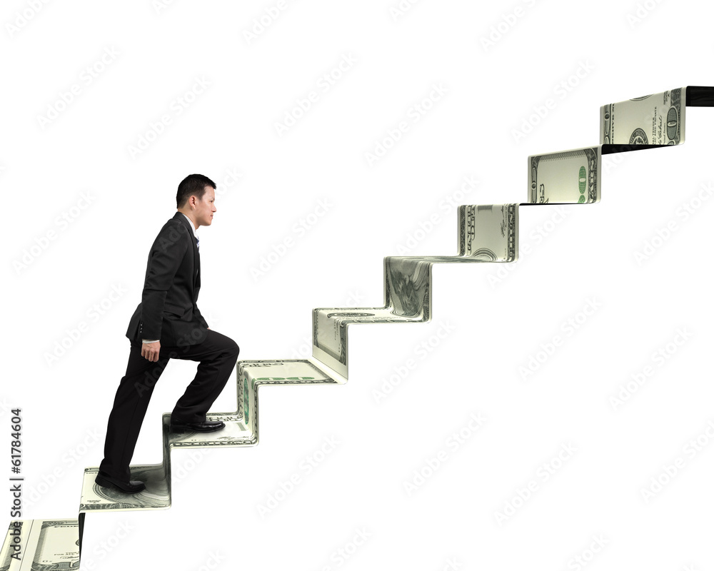 businessman walking on money stairs businessman walking on money stairs