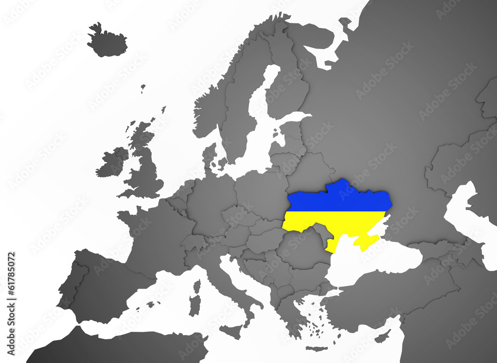Obraz premium 3D mapa Europy w kolorze szarym i białym - flaga Ukrainy
