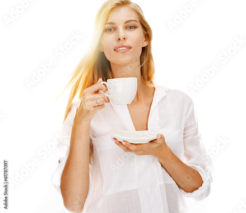 Vászonkép Beautiful woman drinking coffee