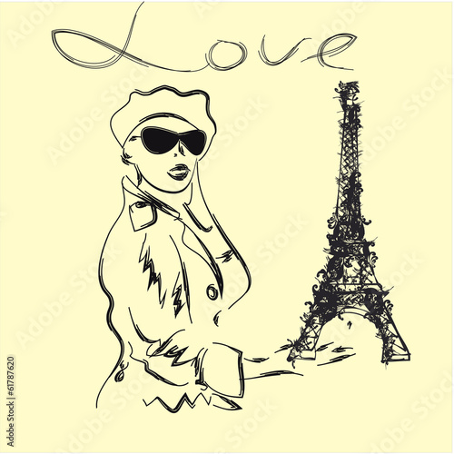 Scetch girl  and Eiffel Tower