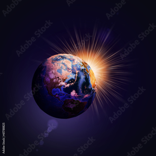 Earth planet in sun rays