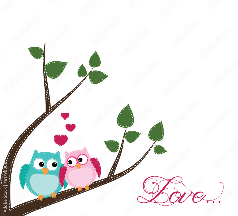 Two owls in love sitting on a branch Two owls in love sitting on a branch