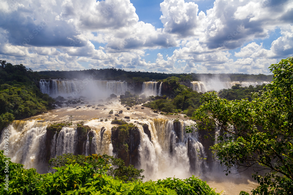 Beautiful cascade of waterfalls. Iguassu falls in Brazil with ri
