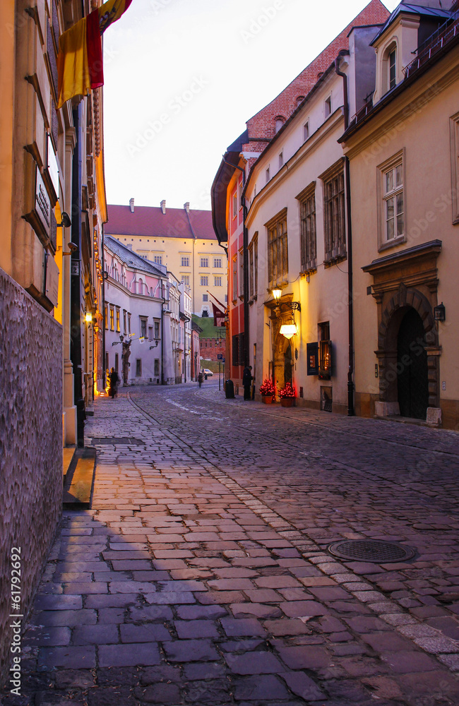 Fototapeta premium City center by night: ancient tenements, Kanonicza Street