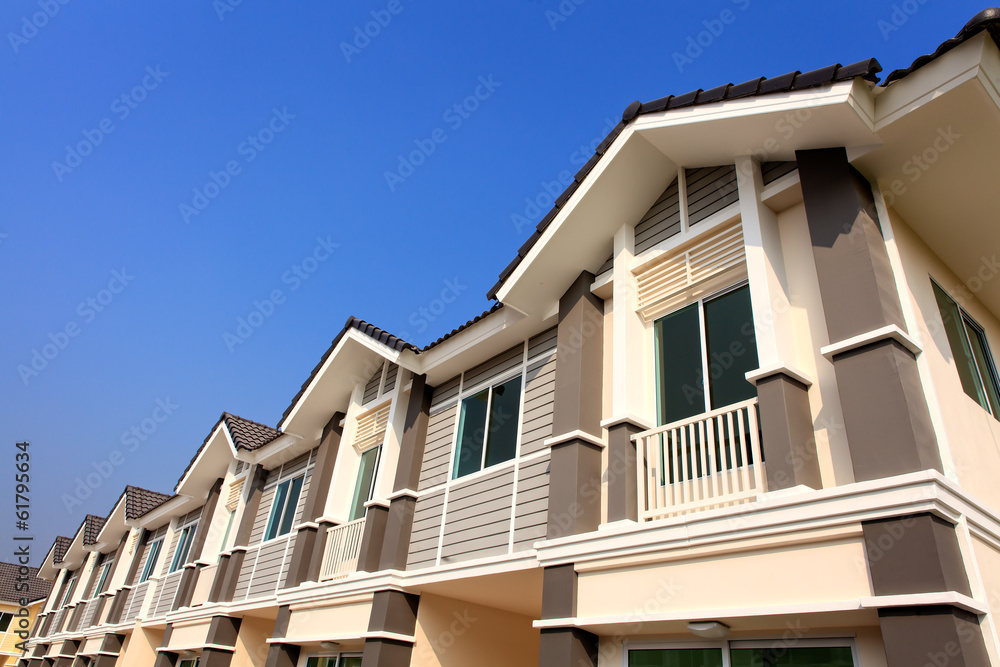 A row of new and colorful townhouses