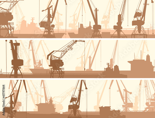 Vector banners of port with cargo crane tower.