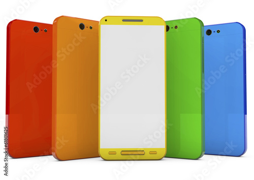 group of touchscreen smartphones with colorful interface