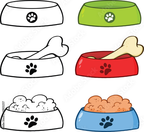 Dog Bowl Cartoon Illustrations. Set Collection