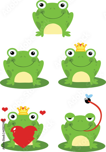 Happy Frog Sitting On A Leaf Cartoon Characters. Set Collection