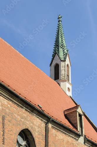 Spire of John (Jan) church in old Riga, Latvia