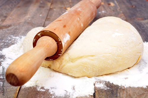 rolling pin and dough on a wooden table