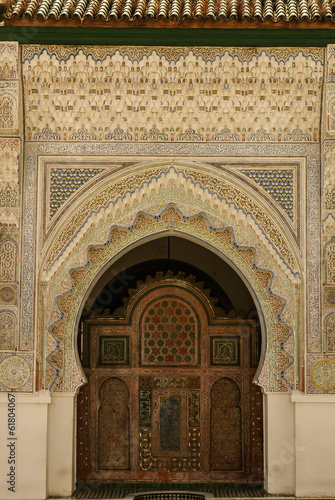 Detail of the beautiful tile mosaic decoration of the at Fez, Mo