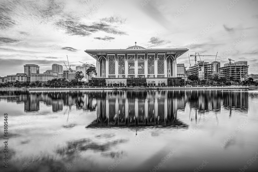 The Iron Mosque in black and white at dawn, Putrajaya, Malaysia