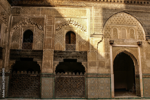 Detail of the beautiful tile mosaic decoration of the at Fez, Mo