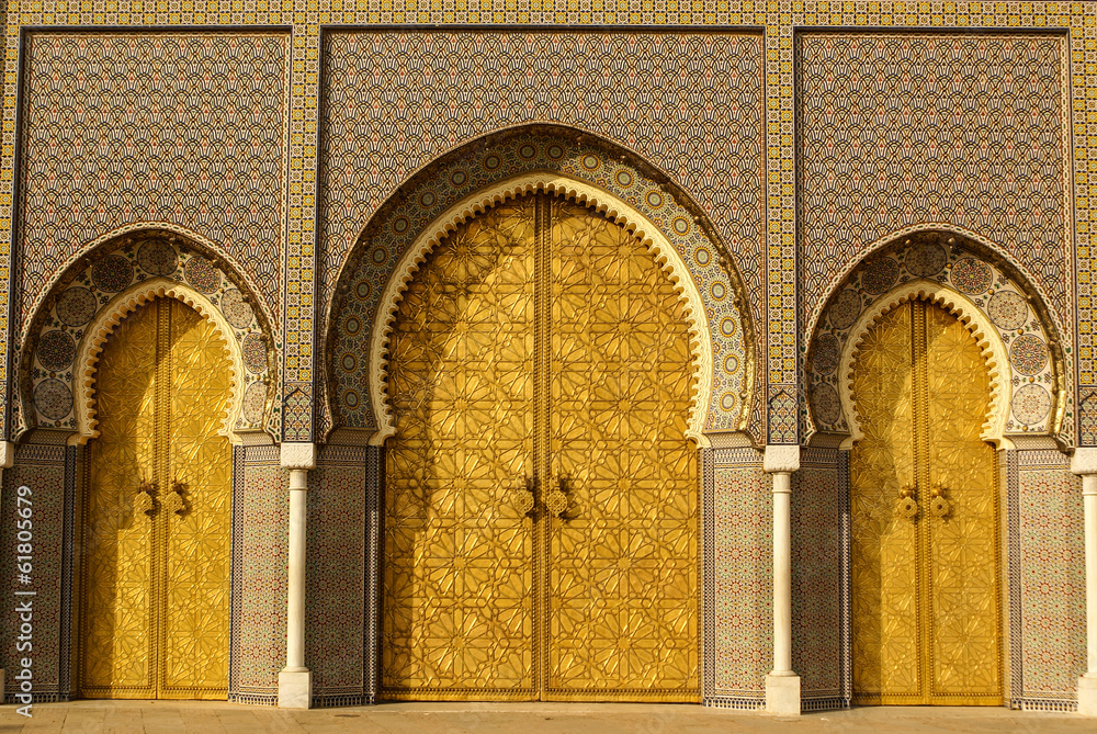 Fototapeta premium Closeup of 3 Ornate Brass and Tile Doors to Royal Palace in Fez,