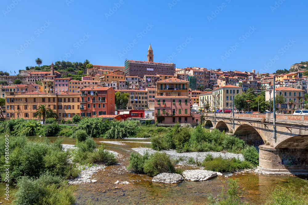 Fototapeta premium Bridge across overgrown riverbed and view on small town.