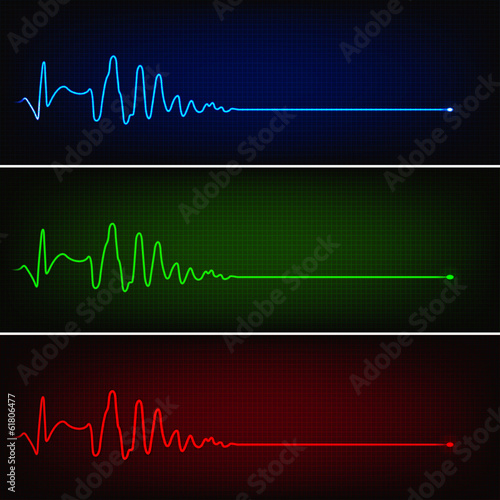 Cardiogram of heart stop and death in three neon colors