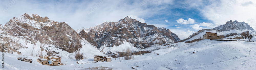 Panoramic view of Nerak Pulu village, Zanskar Valley, Ladakh.