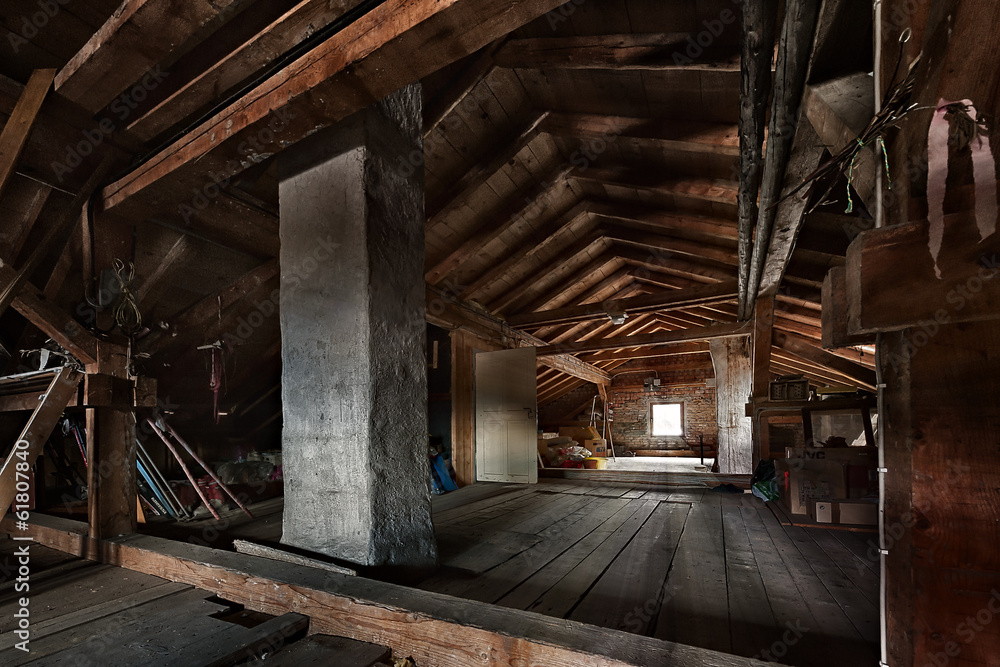 old wooden attic with roof framework structure and window - obrazy, fototapety, plakaty 
