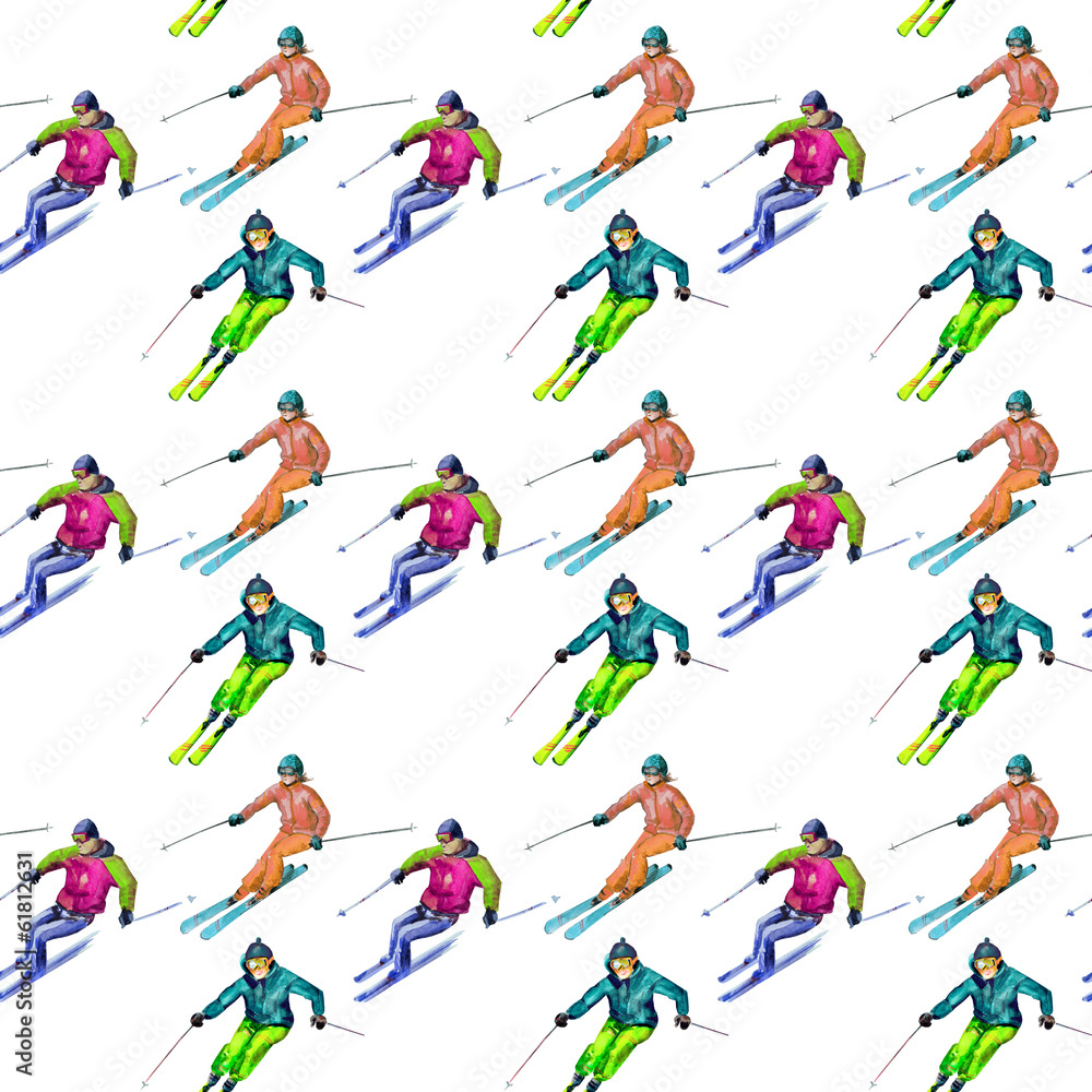 Fototapeta premium Skiers. Seamless texture watercolor