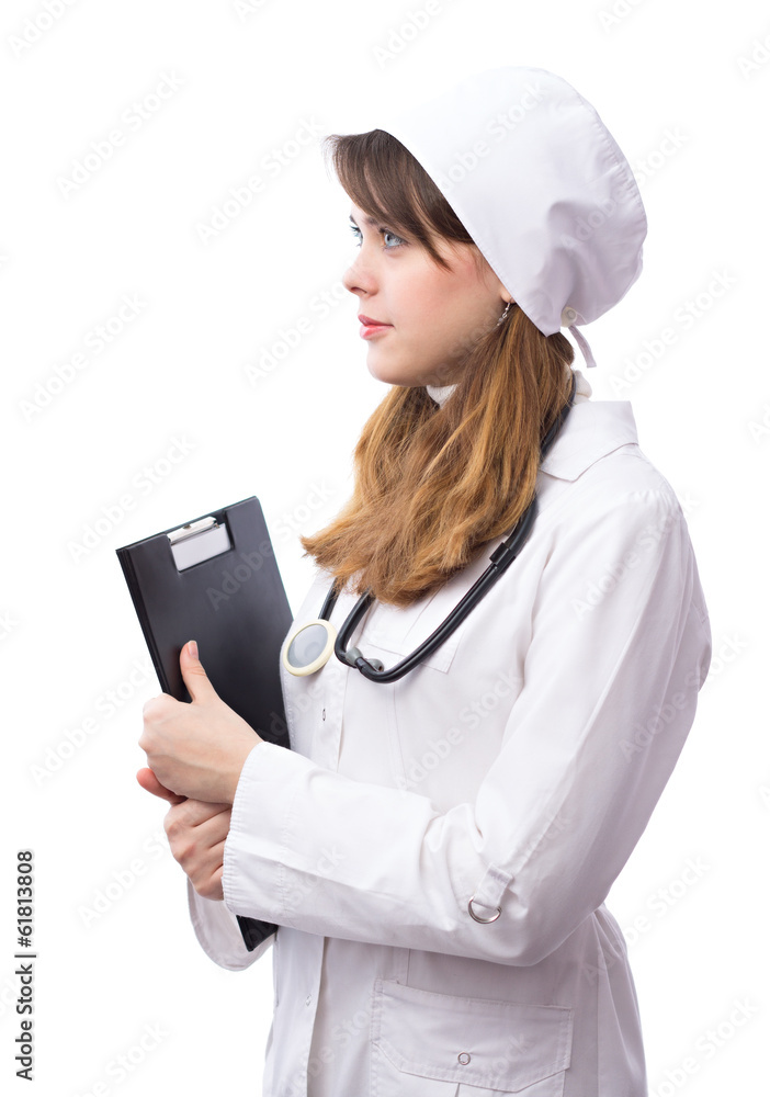 young doctor with with phonendoscope on neck and a folder young doctor with with phonendoscope on neck and a folder