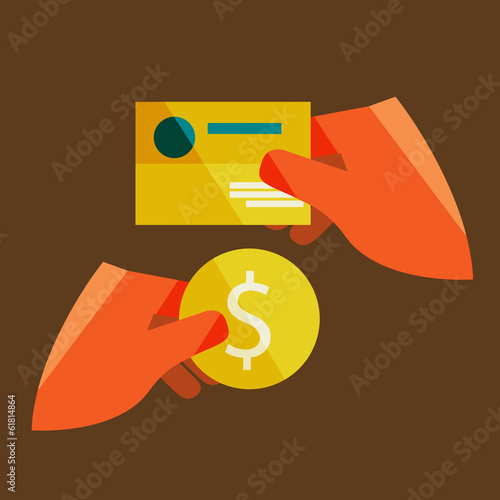 Hand holding a business card and a coin