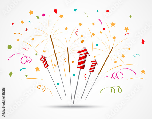 Firecracker with fireworks popping on white background