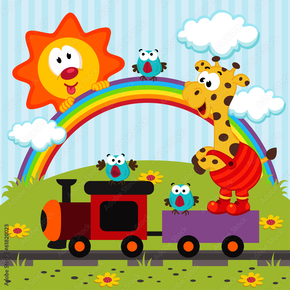 Naklejka premium Giraffe travels by train - vector illustration