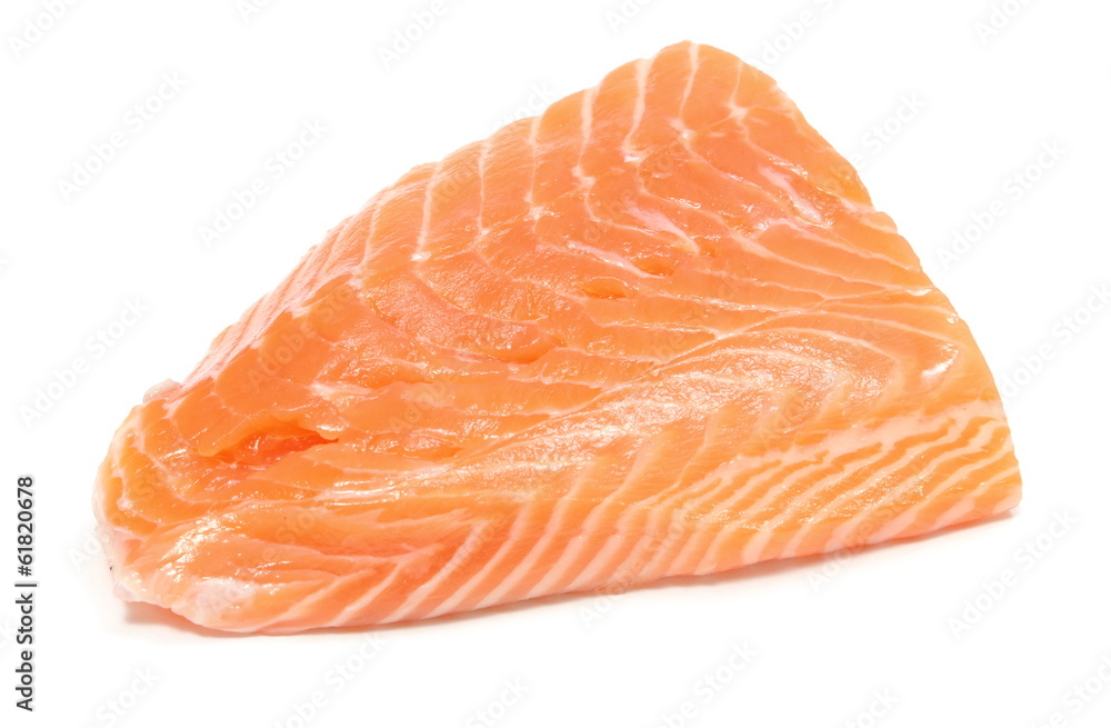Closeup of salmon steak on white background Closeup of salmon steak on white background