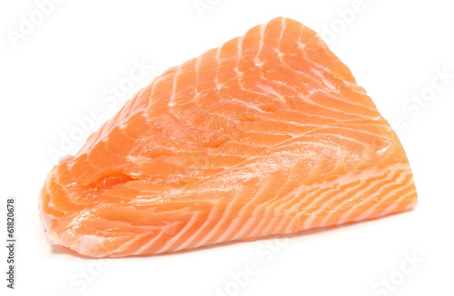 Closeup of salmon steak on white background