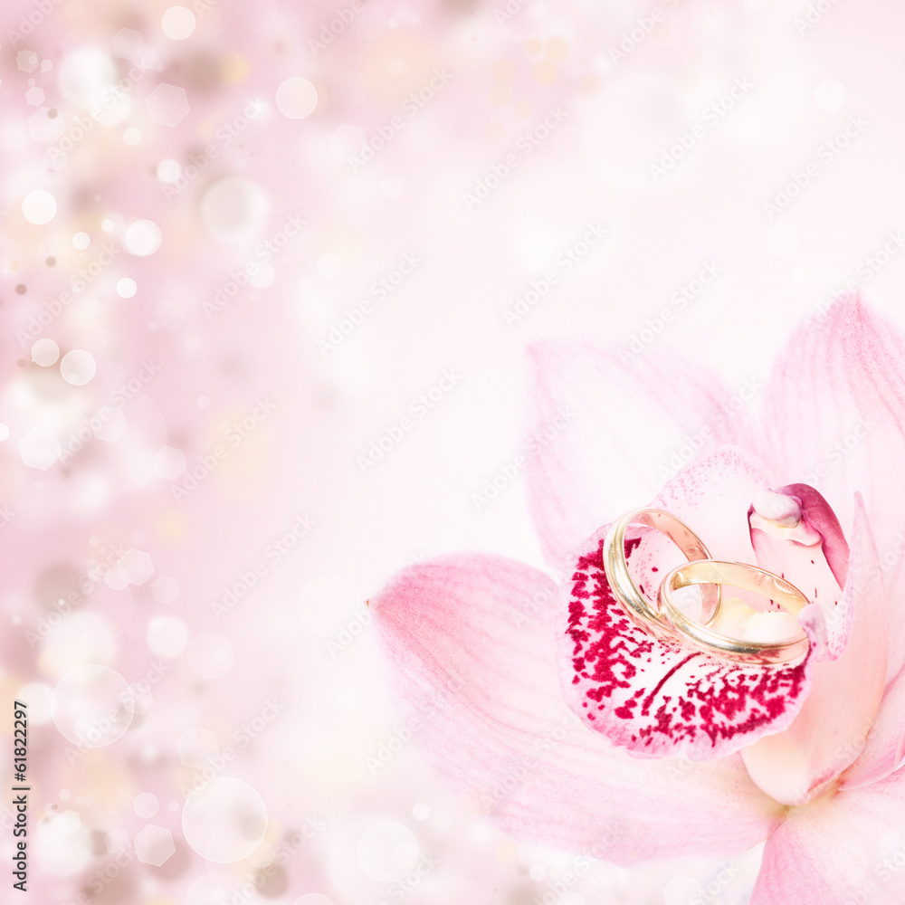 Fototapeta premium Pink orchid and wedding rings