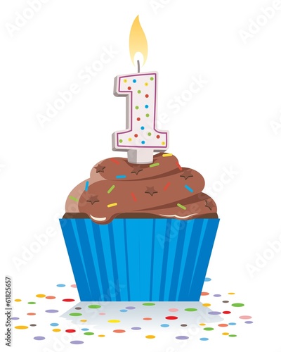 first birthday cupcake with lit candle in shape of number one 