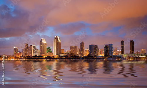 San Diego skyline at dusk reflected in sea