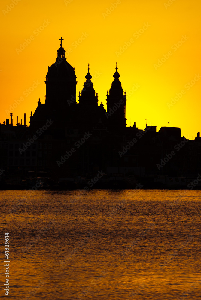 Silhouette of the church of Saint Nicholas at sunset, Amsterdam.