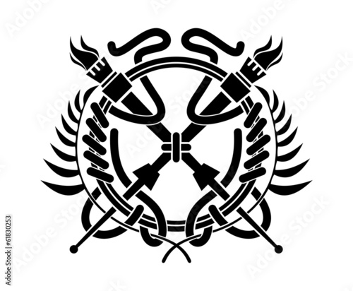 Crossed flaming torches over a laurel wreath