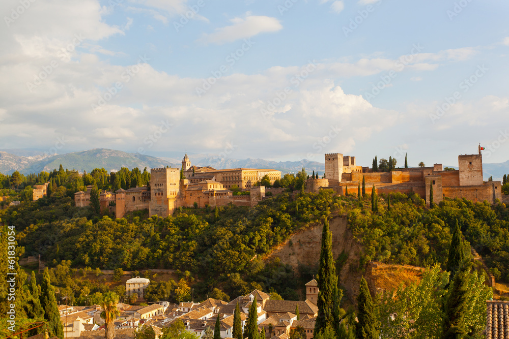 View of Alkhambr's fortress on a sunset, Granada, Spain