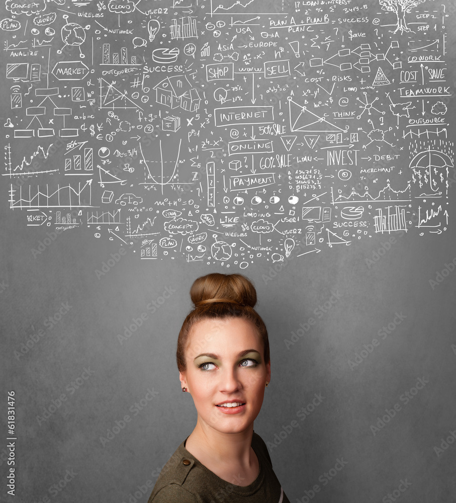 Young woman gesturing with sketched charts above her head Young woman gesturing with sketched charts above her head