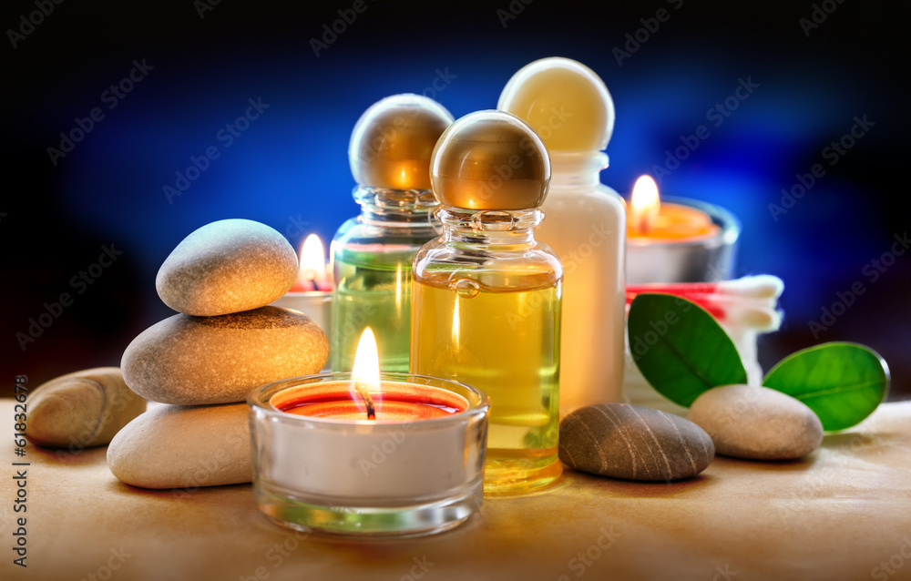 Spa stones, candle and shampoo Spa stones, candle and shampoo