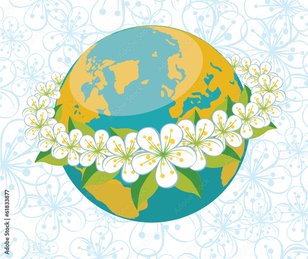 Planet earth with orbit of flovers.Spring background Planet earth with orbit of flovers.Spring background