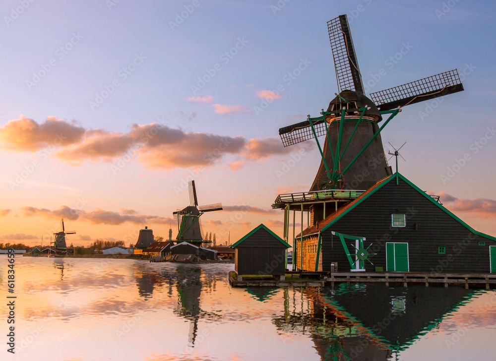 Traditional Dutch windmills with canal near the Amsterdam, Holla