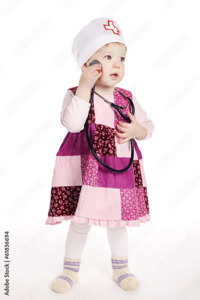 little girl with stethoscope isolated on white