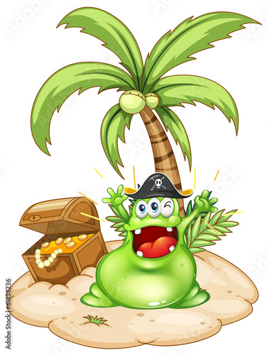 A happy green monster in an island with a treasure box
