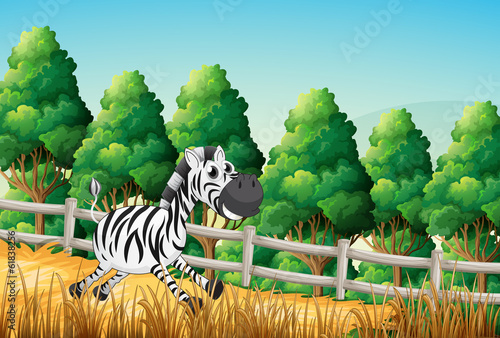 A zebra running at the woods
