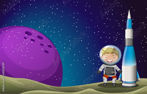A smiling astronaut beside the rocket in the outerspace